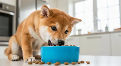 Chiot Golden Retriever mangeant sa gamelle de croquettes