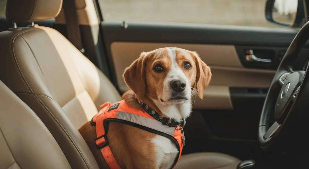 Chien attaché avec harnais de sécurité en voiture lors d un voyage en famille
