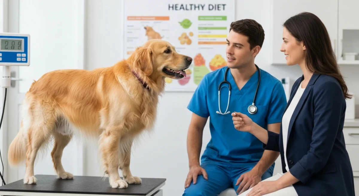 Chien en surpoids sur la balance vétérinaire