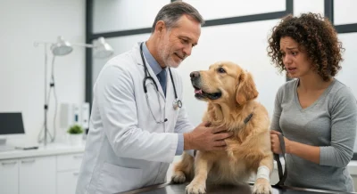 Chien blessé examiné en urgence par un vétérinaire
